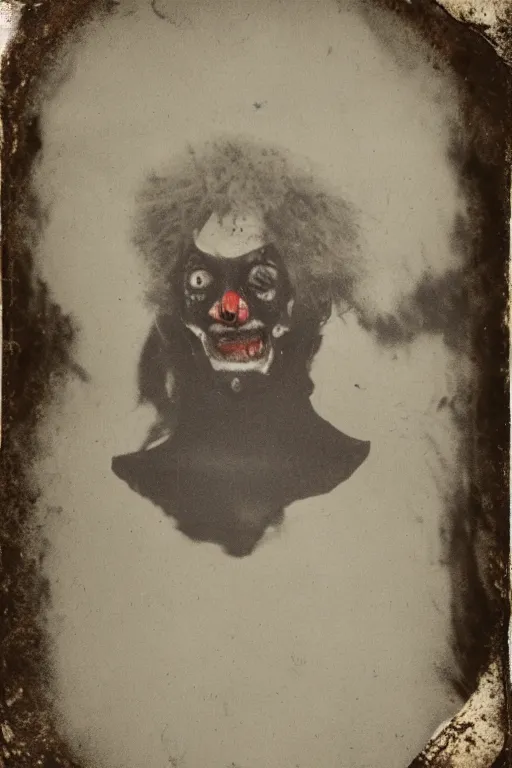 Image similar to faded daguerreotype portrait of disturbing haunted demonic abomination clown body horror