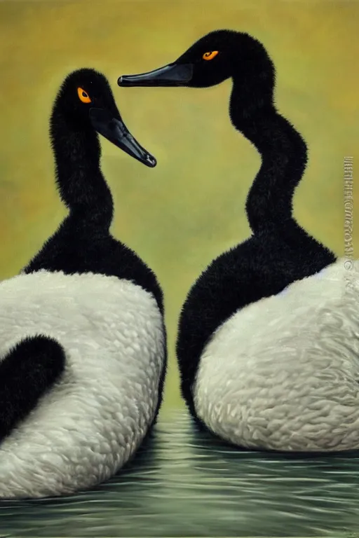 Prompt: !dream two black swans touching heads, forming a heart with their necks, oil on canvas, intricate, 8k highly professionally detailed, HDR, CGsociety