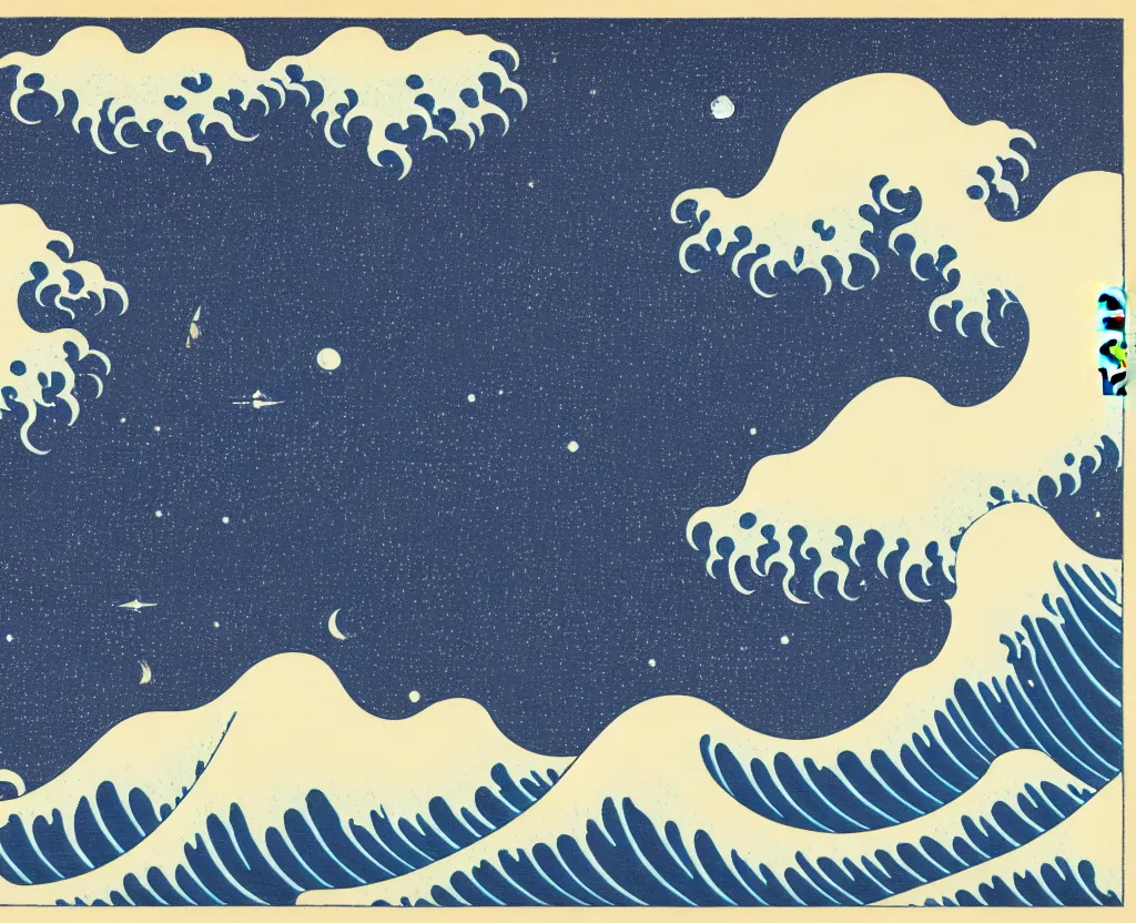 Image similar to dream waves on the starfields by katsushika hokusai and ben wanat ; setting is the halls of space and place that has no beginning and no end