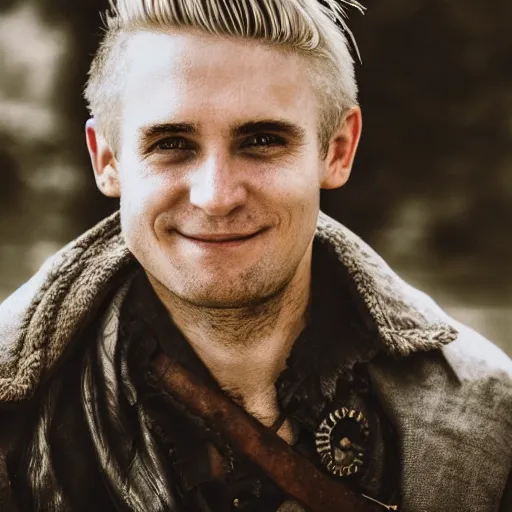 Prompt: portrait photo of a dirty short hair blonde irish pirate, clean shaven, cinematic shot, sigma lens, smiling