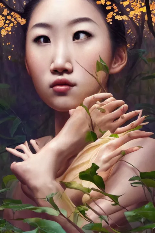 Image similar to stunningly beautiful, asian prima ballerina in jungle, symmetrical face, golden hour, smooth, focus, highly detailed, hyper realistic, dramatic lighting, elegant, intricate, concept art, art by wlop, mars ravelo, greg rutowski