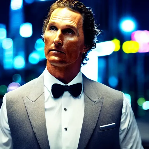 Image similar to a still of matthew mcconaughey . Shallow depth of field. City at night in background, lights, colors ,studio lighting, mood, 4K. Profession photography