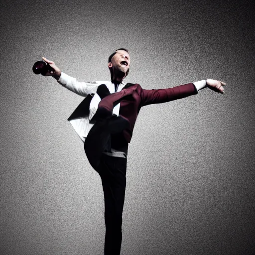 Image similar to a detailed portrait of a man boisterously dancing around the room by himself holding an empty wine bottle as he jumps in the air, detailed facial expression, fine detail, dramatic lighting, award-winning photo UHD, 4K