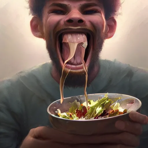 Image similar to an illustration of a young man eating salad and laughing,hyperdetailed,detailed face,art by greg rutkowski,trevor henderson,artstation,deviantart