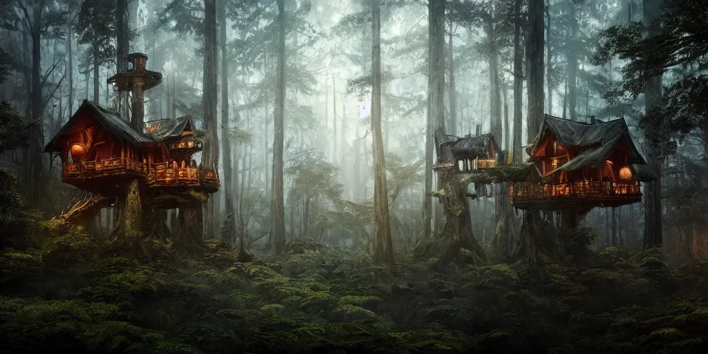 Image similar to photorealistic image of treehouses through a old growth forest, atmospheric lighting, dark, brooding, painted, intricate, ultra detailed, well composed, best on artstation, cgsociety, epic, fantasy, stunning, gorgeous, intricate detail, much wow, masterpiece, cinematic aesthetic octane render, 8 k hd resolution,