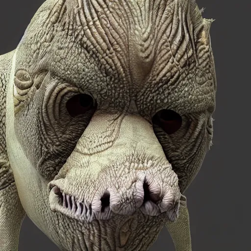 Image similar to a photo of a head animal morphing creature, gills morph scales merged in fur skin, wrinkled skin, normal map, displacement map, distorted animal head face eyes arms tail