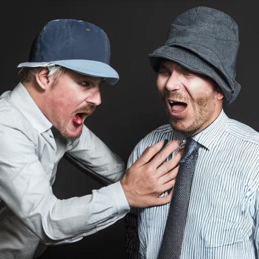 Prompt: hat with eyes mouth and teeth biting onto the top of a man's head, man is shouting in pain, funny professional photo