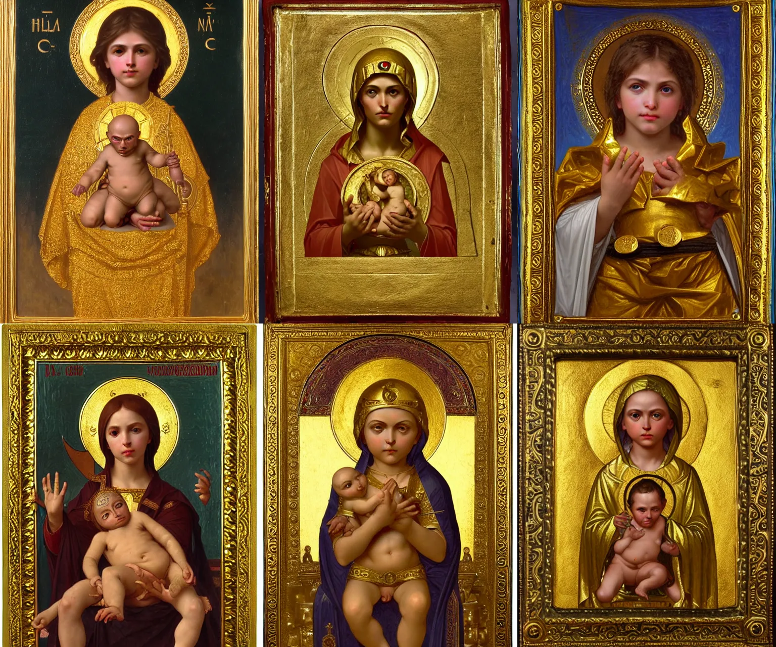 Prompt: A gilded religious byzantine icon of the holy baby, but it is actually a world of warcraft goblin resting on a pile of gold coins, by William-Adolphe Bouguereau, neo-classicism, detailed, tempura on panel