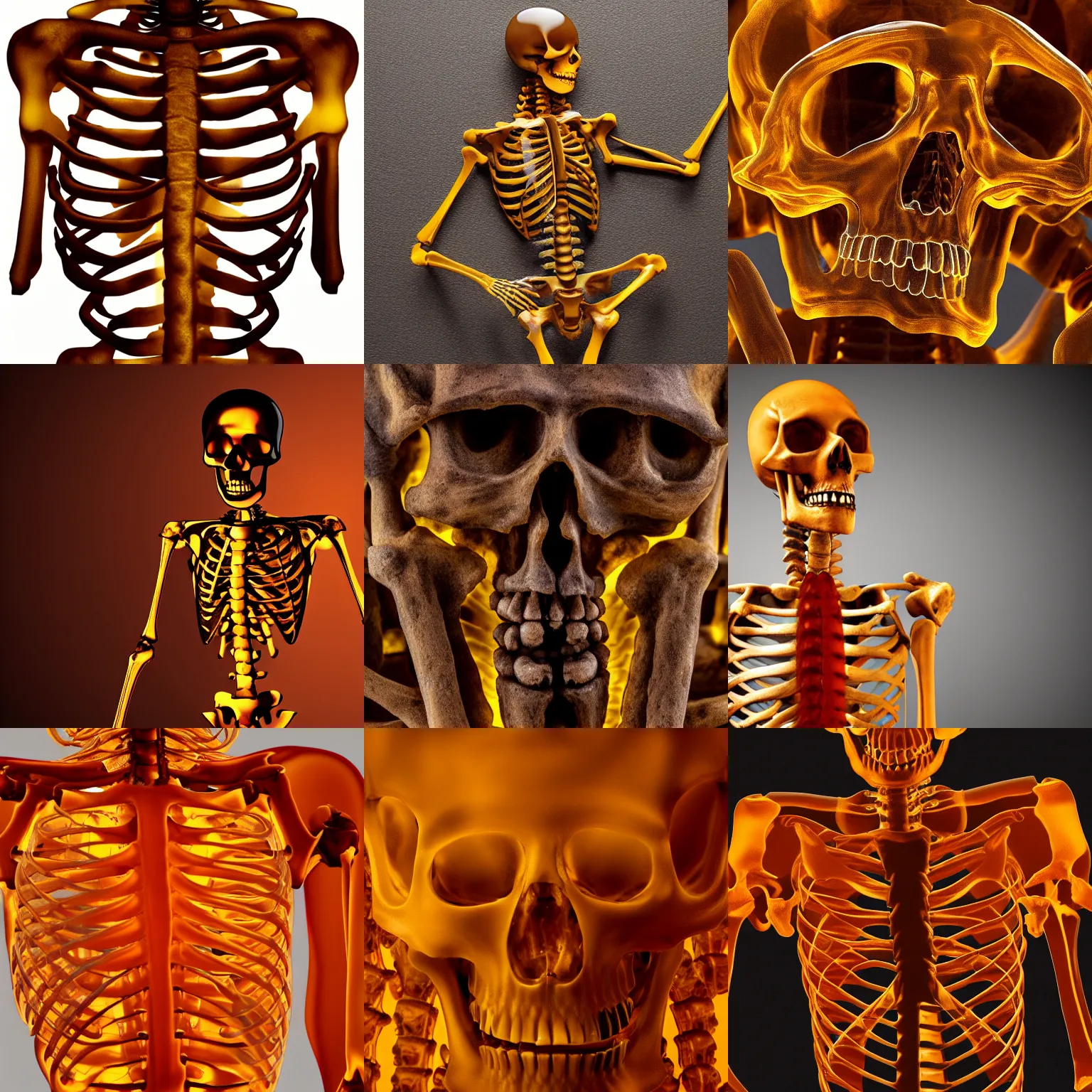 Prompt: skeleton made out of amber, translucent 4k