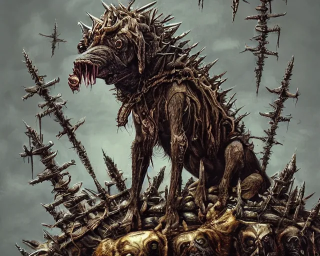 Prompt: Haunting horrifying hyperrealistic detailed painting of a dog canine creature sitting atop a giant throne of spikes, heavy metal, disgusting, creepy, unsettling, in the style of hyper detailed, trending on Artstation