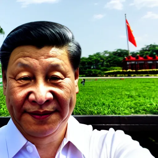 Image similar to president xi jinping taking a selfie at rizal park, realistic, shot on an iphone