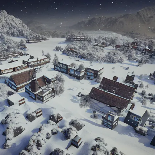 Image similar to a snowy village on the moon, 8 k, highly detailed, unreal engine render