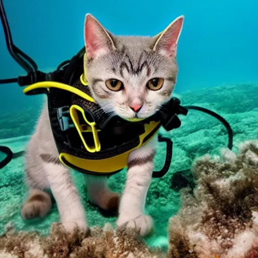 Prompt: cat wearing diving gear swimming in ocean, gopro footage 4k