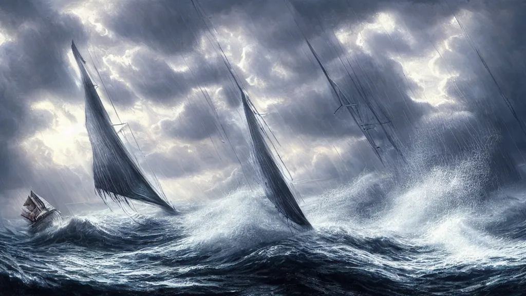 Prompt: a gigantic rat bursting out of a stormy sea attacking a small sail boat, wet fur, giant waves, sunbeams in background, intricate, detailed, volumetric lighting, sharp focus, scenery, photorealism, digital painting, highly detailed, concept art, by by aleski briclot and alexander'hollllow'fedosav and laura zalenga