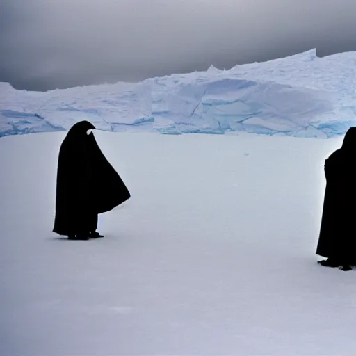 Image similar to a man wearing a long cloak and hood, in antarctica, film still, arriflex 3 5