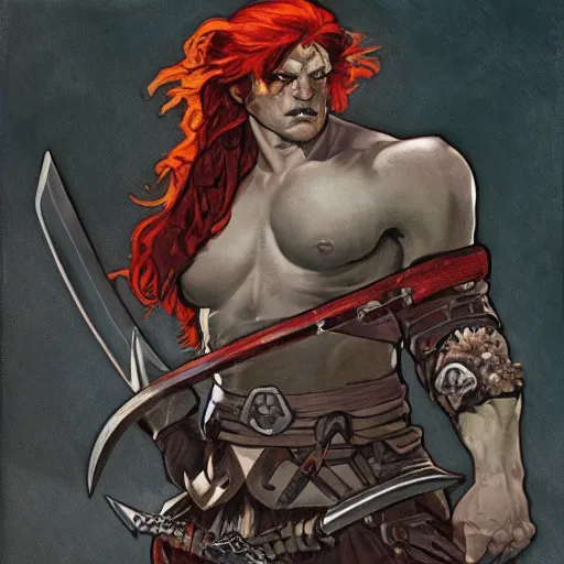 Prompt: half orc fighter, with red hair and grey skin, leather armor, straps and buckles and belts, double bladed battle axe, mohrbacher, rutkowski, alphonse mucha, realistic art deco, elden ring, jean gireaud,