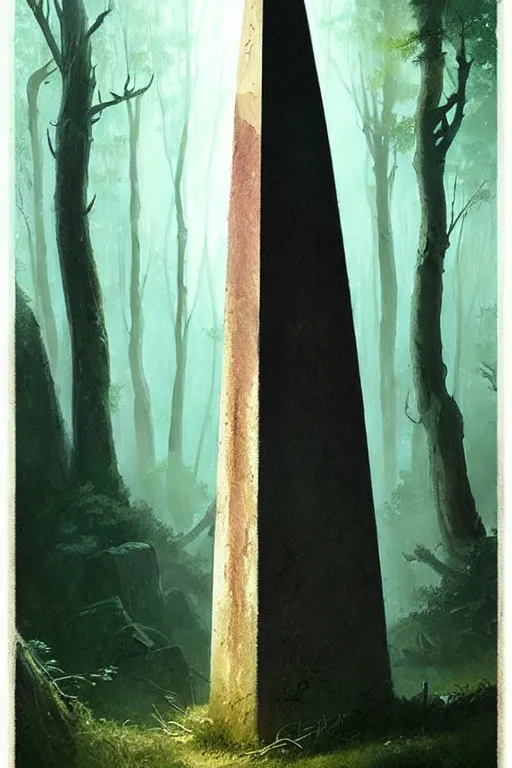 Image similar to greg rutkowski poster. ancient obelisk in the woods