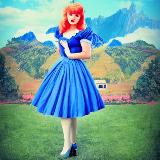 Image similar to giant alice in wonderland, pin up, houses, trees, mountains, woman, city, digital art, photo, blue dress, photoshop, flowers, collage, river, up