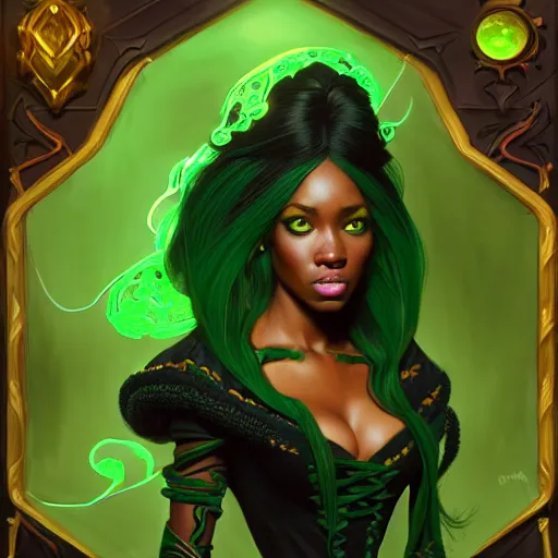 Prompt: black aristocrat, green black orange color palette, female, d & d, fantasy, intricate, elegant, highly detailed, long green hair, digital painting, artstation, octane render, concept art, matte, sharp focus, illustration, hearthstone, art by artgerm, alphonse mucha johannes voss