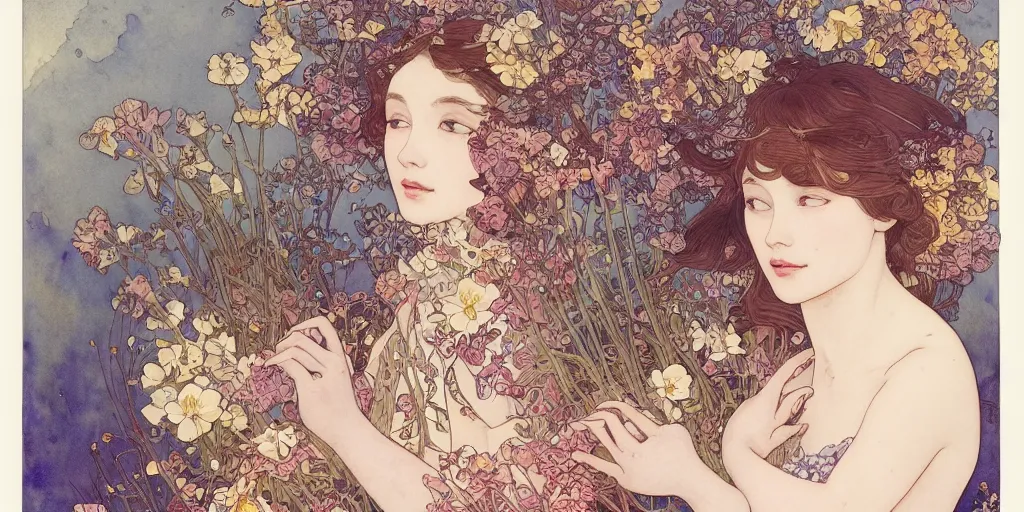 Prompt: a beautiful intricate watercolor illustration of a girl with flowers, 4 k, ultra - wide angle, by william turner, by victo ngai, by alphonse mucha, by miho hirano, by moebius, by edmund dulac, hd, trending on artstation, hyper detailed, muted intense colors