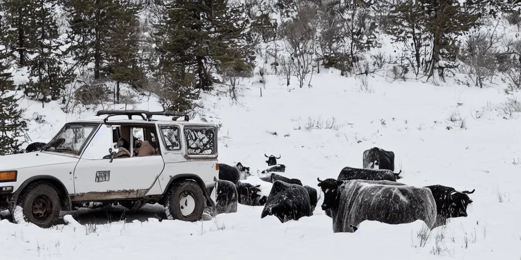 Image similar to a geo tracker parked in snow, surrounded by a herd of cows, photography