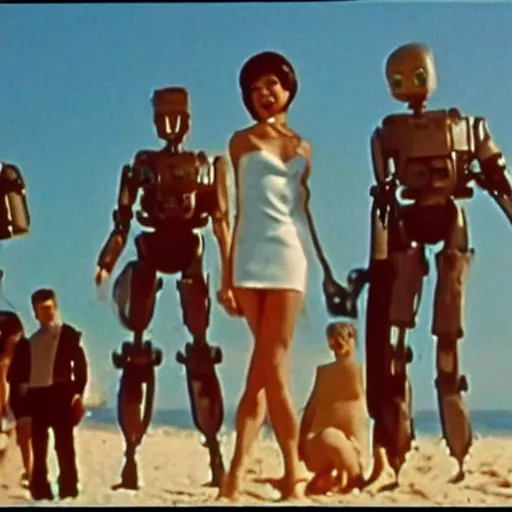 Prompt: 60s B movie about a killer robot from the future attacking teenagers having a party at the beach.