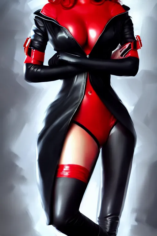 Image similar to dreamy girl character with perfect body in a nice black leather suit and red lips, very artistic pose and detailed clean face, perfect lighting. professional design. great composition, illustration, highly detailed, digital painting, concept art, trending on artstation, fantasy game art