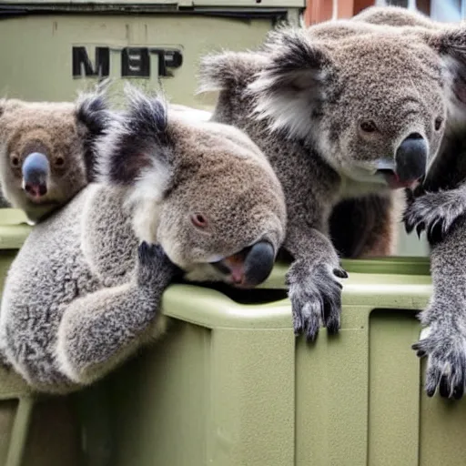 Prompt: group of koala bears inside dumpster