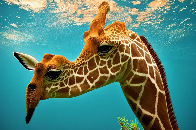 Prompt: underwater photo of a jiraffe by national geographic