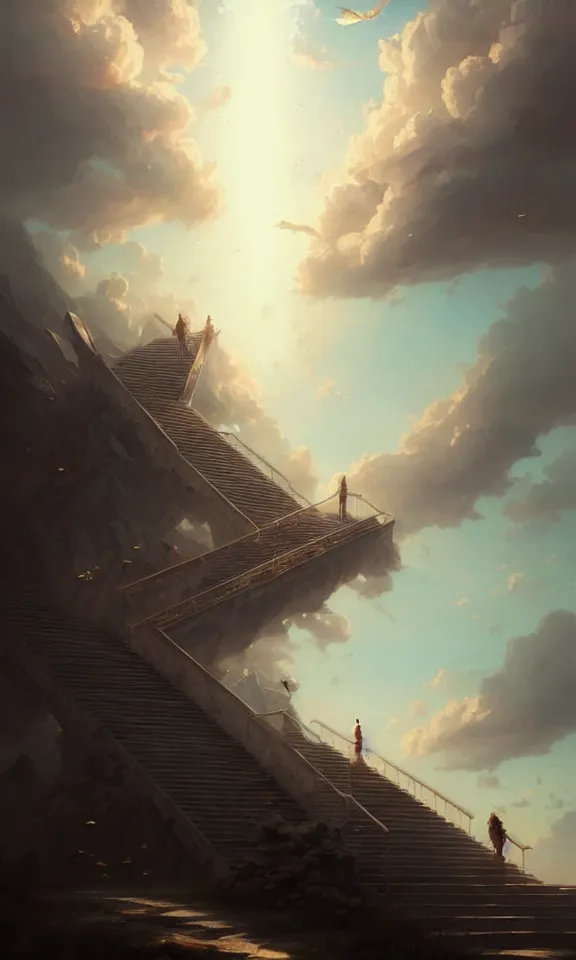 Prompt: stairway to heaven, sky full of clouds, art by greg rutkowski and peter mohrbacher, featured in artstation, octane render, cinematic, elegant, intricate, ultra detailed, rule of thirds, professional lighting, unreal engine, fantasy, concept art, sharp focus, illustration, 8 k