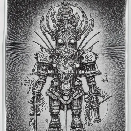 Image similar to a detailed engraving of a giant hindu robot god in the style of gustave dore