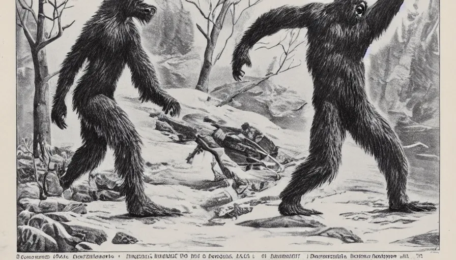 Prompt: vintage scientific illustration of bigfoot, damaged,