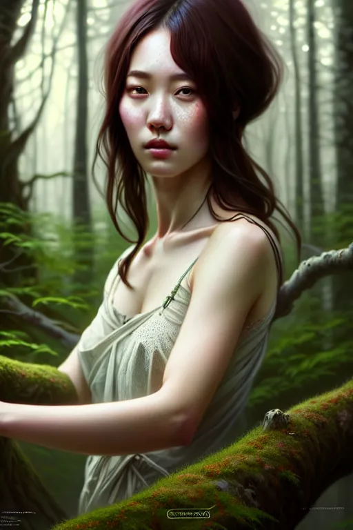 Image similar to beautiful digital painting of a hoyeon jung stylish female forest with high detail, real life skin, freckles, 8 k, stunning detail, works by artgerm, greg rutkowski and alphonse mucha, unreal engine 5, 4 k uhd