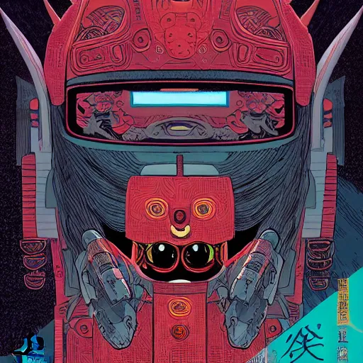 Image similar to robot demon samurai mask on hell by feng zhu and loish and laurie greasley, victo ngai, andreas rocha, john harris