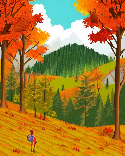 Image similar to autumn hillside boy hiking illustration detailed, matte print