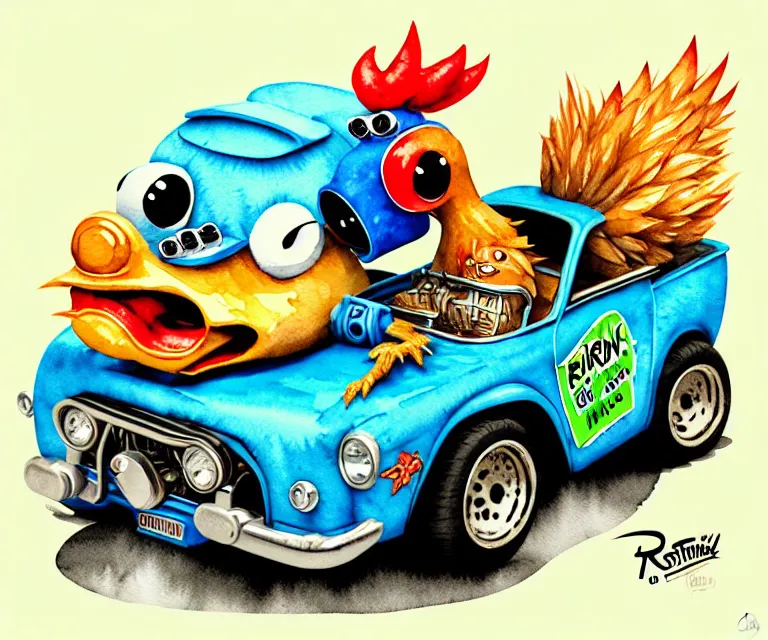 Image similar to cute and funny, chicken driving a tiny black hot rod with an oversized engine, ratfink style by ed roth, centered award winning watercolor pen illustration, isometric illustration by chihiro iwasaki, edited by craola, tiny details by artgerm and watercolor girl, symmetrically isometrically centered