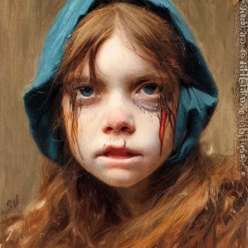 Image similar to portrait of a young girl covered in scars wearing a black hood, the young girl looks angry and seems to look for revenge, extremely detailed painting by gaston bussiere and j. c. leyendecker 8 k