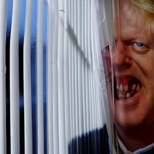 Image similar to window blinds in a house being pulled back to reveal a terrifying boris johnson with his face pressed against the window with his hand on the window and a horrifying grin. horror, black and white