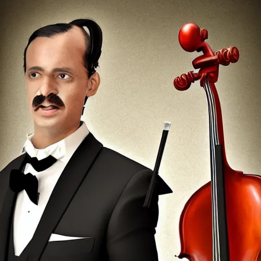 Prompt: man in tuxedo playing a cello shaped like a pair of kidneys, photorealistic, photoshop, art station, cgi, hyper detailed