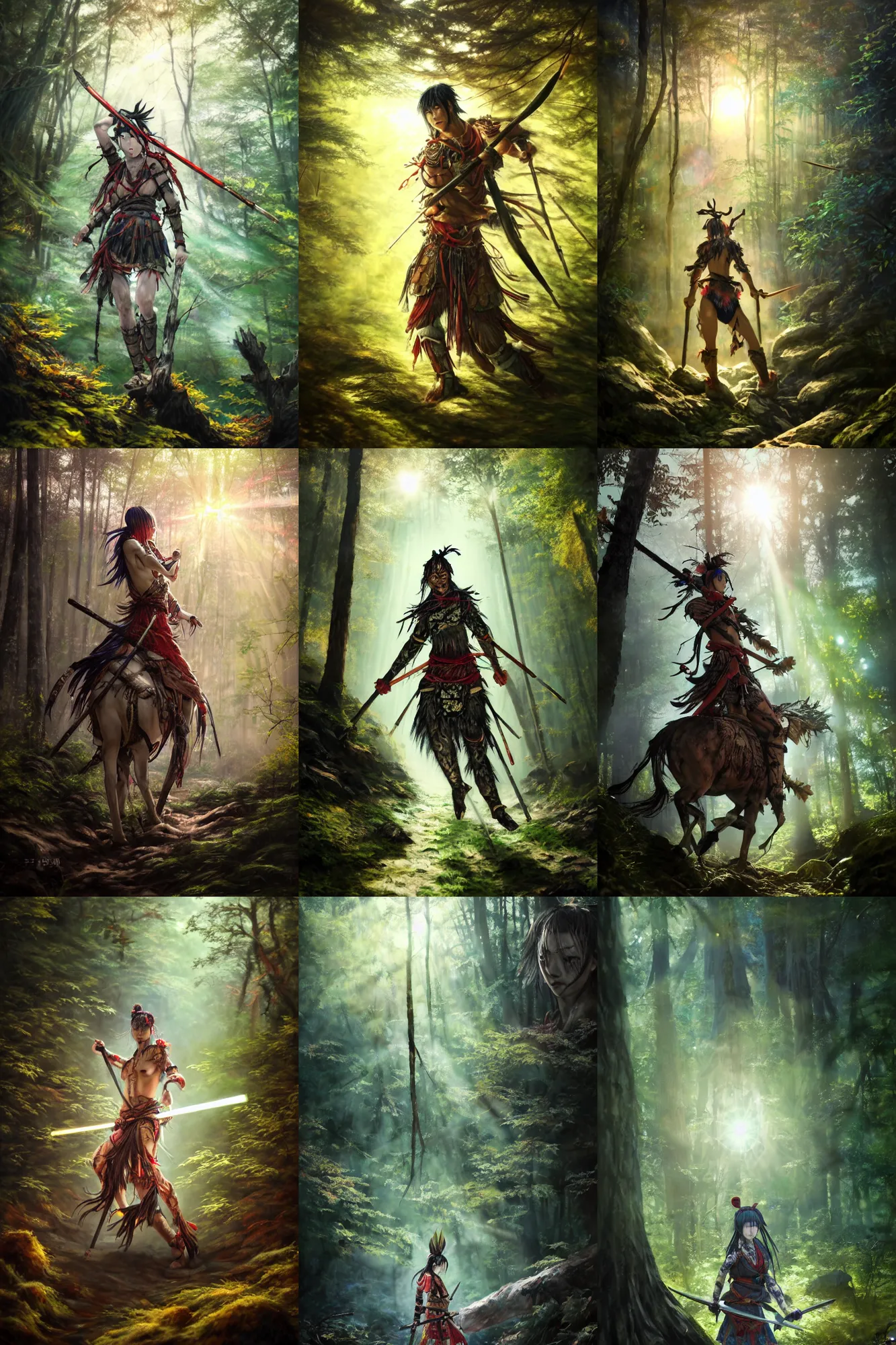 Prompt: Warrior in the forest, oil canvas art by Koyoharu Gotouge, 吾峠 呼世晴, 鬼滅の刃, 8k, ultra realistic , lens flare, atmosphere, glow, detailed,intricate, full of colour, cinematic lighting, trending on artstation, 4k, hyperrealistic, focused, extreme details,unreal engine 5, cinematic, masterpiece
