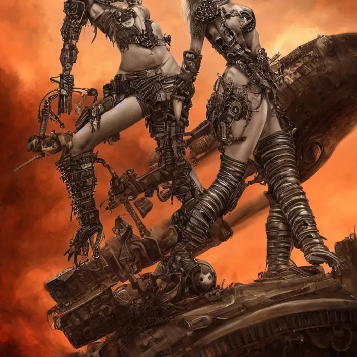 Image similar to beautiful apocalyptic woman with Mohawk, standing on mad max panzer tank, hyper-detailed, smooth, sharp focus, 4k ultra hd, fantasy dark art, tank girl, artgerm, artstation, octane render, elegant, detailed digital painting, apocalyptic art