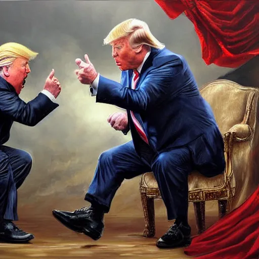 Image similar to portrait of donald trump and alex jones arguing, an oil painting by ross tran and thomas kincade