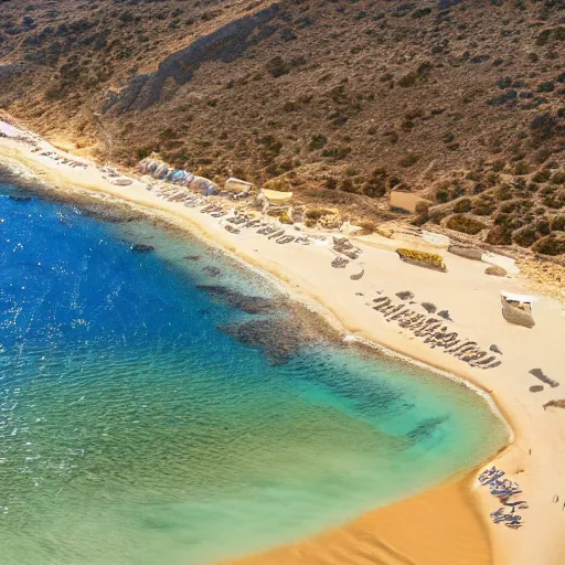 Image similar to sun beds on Elafonissi Beach in crete, 8k resolution, hyper detailed