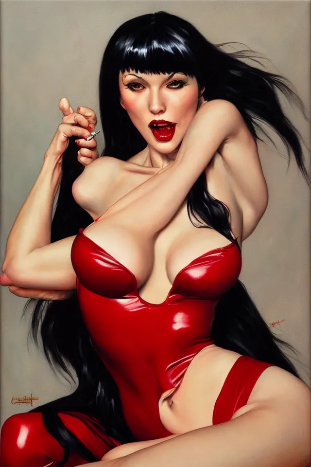 Image similar to Close up of full body of Vampirella, oil on canvas, artgerm, hyperrealistic, norman rockwell, craig mulins, trending on pxiv