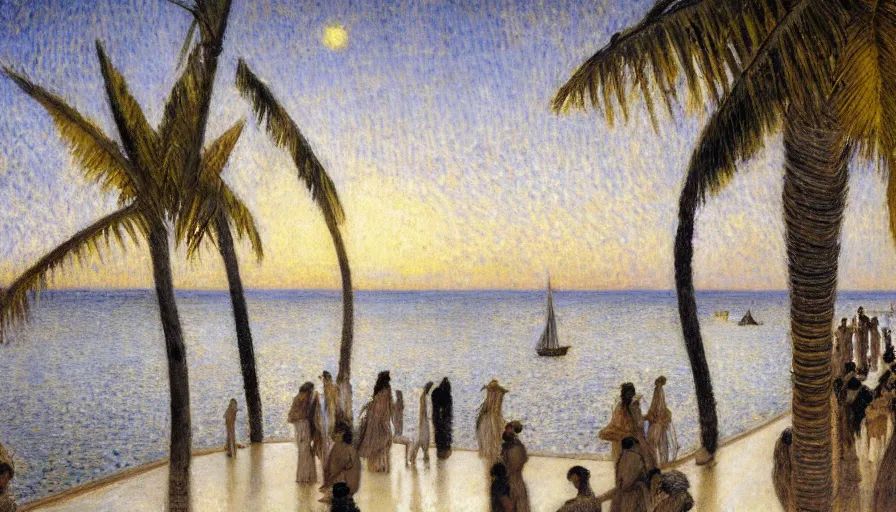 Prompt: a ultradetailed beautiful painting of the night sky of the amazonas golden white palace balustrade designed by jules bastien - lepage, tarsila do amaral, frank weston and gustave baumann, beach, trending on artstation, mediterranean, palm trees, sharp focus, sail boats, soft light, 8 k 4 k