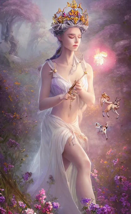 Image similar to A beautiful fantasy magician empress, highly detailed full body, amazing flower tiara, wearing aristocrat robe, delicate figure, field of flowers, among foxes and deer, epic composition, ultra wide-shot, dynamic pose, concept art, beautifully lit, digital painting, smooth, character design, sharp focus, elegant, intricate, trending on artstation, by WLOP and James Jean and Victo Ngai