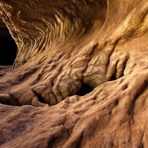 Prompt: surface of an alien planet with caves and alien trees t