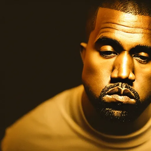 Prompt: a chiaroscuro lighting portrait of kanye west, black background, close up portrait, shallow depth of field, 8 0 mm, f 1. 8