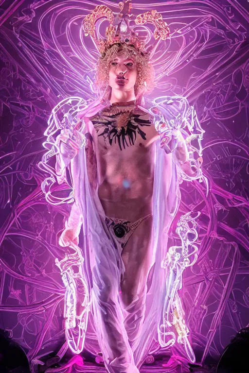 Image similar to full-body rococo and cyberpunk delicate neon crystalline sculpture of ((muscular albino prince Zayn Malik)) as an iridescent humanoid deity wearing a thin see-through ((plastic hooded cloak)) (holding a human skull) in a neon castle dungeon, reclining con (((las piernas abiertas))), glowing pink face, crown of (white lasers), large diamonds, swirling black silk fabric. futuristic elements. oozing glowing liquid, full-length view. space robots. intricate artwork by caravaggio. Trending on artstation, octane render, cinematic lighting from the right, hyper realism, octane render, 8k, depth of field, 3D