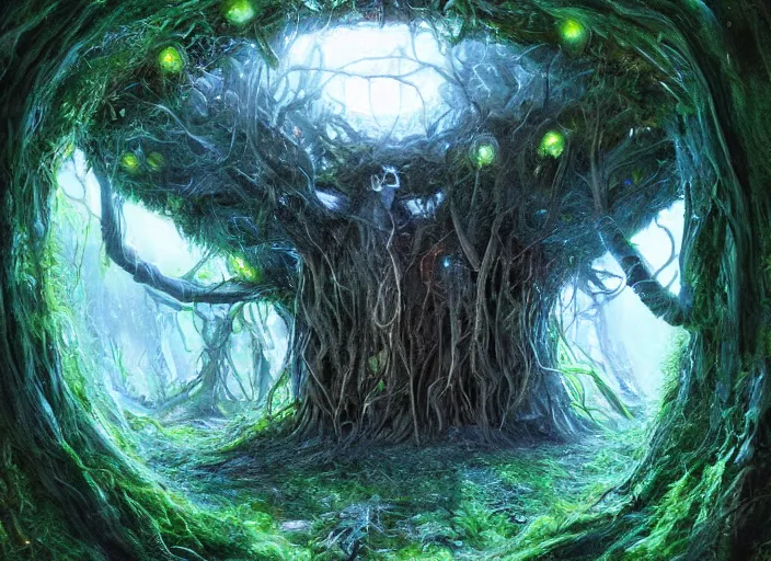 Image similar to portal inside of a humongous tree on a luminescent crystalline alien biome, spooky, intricate details, fantasy, hyper realism, art, smooth, beautiful art, masterpiece, landscape, cinematic, wet reflections, ray tracing x, rtx, smooth